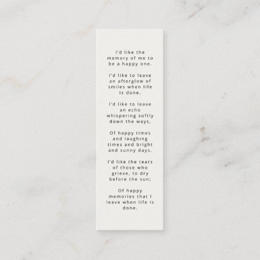 葬儀記念モダン詩ミニブックマークカード スキニー名刺 (裏面)