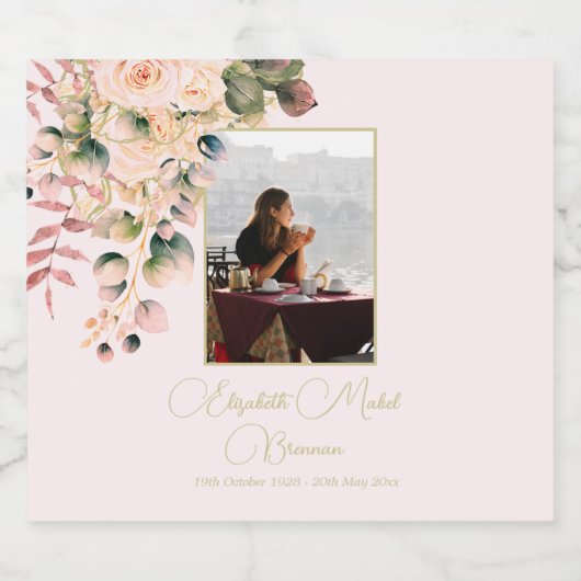 葬儀記念写真ピンクエレガントローズフローラ スパークリングワインラベル (シングルラベル)