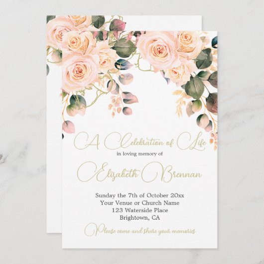 葬儀記念写真ピンクエレガントローズフローラ 招待状 (正面/裏面)