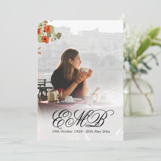 葬儀記念写真フローラブラックお祝い 招待状 (スタンド正面)