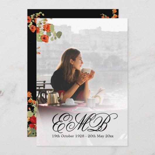 葬儀記念写真フローラブラックお祝い 招待状 (正面/裏面)