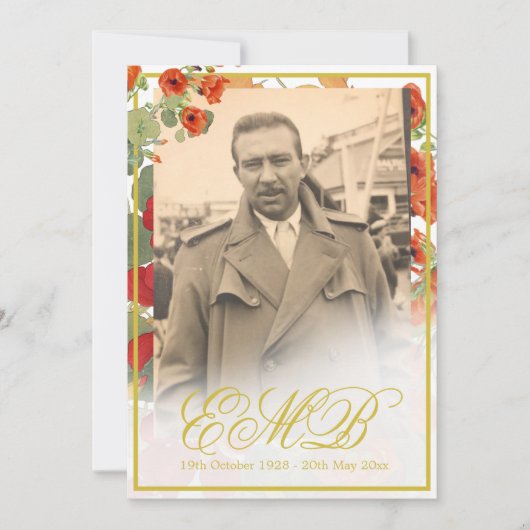 葬儀記念写真フローラ金ゴールドお祝い 招待状 (正面)