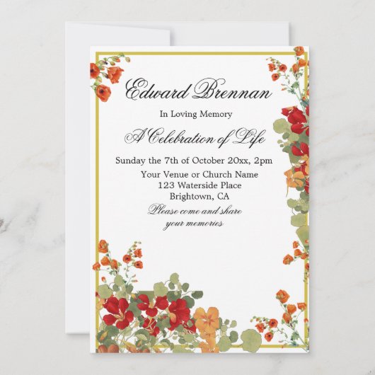 葬儀記念写真フローラ金ゴールドお祝い 招待状 (裏面)