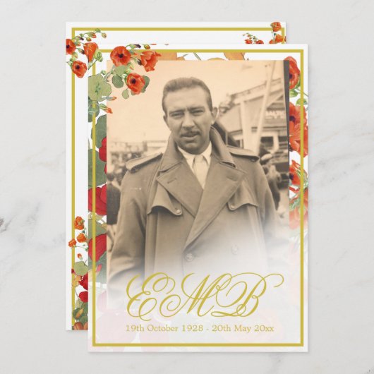 葬儀記念写真フローラ金ゴールドお祝い 招待状 (正面/裏面)