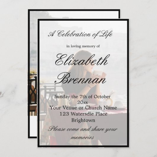 葬儀記念写真モノグラムエレガントブラックInv 招待状 (正面/裏面)