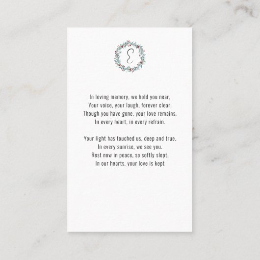 葬儀記念写真祈りの言葉カードホリデイリース 名刺 (裏面)