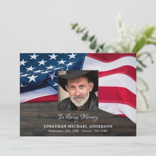 葬儀記念写真退役軍人悔やみや弔慰米国国旗 サンキューカード (スタンド正面)