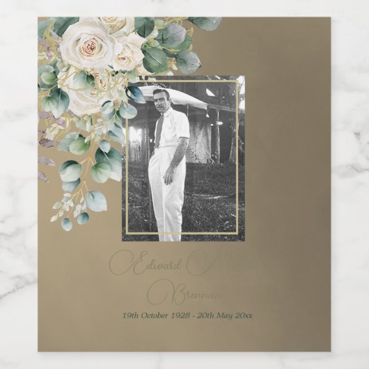 葬儀記念男性写真エレガントバラブラウン ワインラベル (シングルラベル)