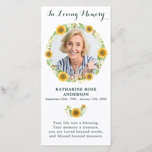 葬儀記念祈りの言葉カードひまわり写真 (正面)