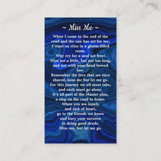 葬儀記念祈りの言葉カードブルーマーブルフォト コーリングカード (裏面)