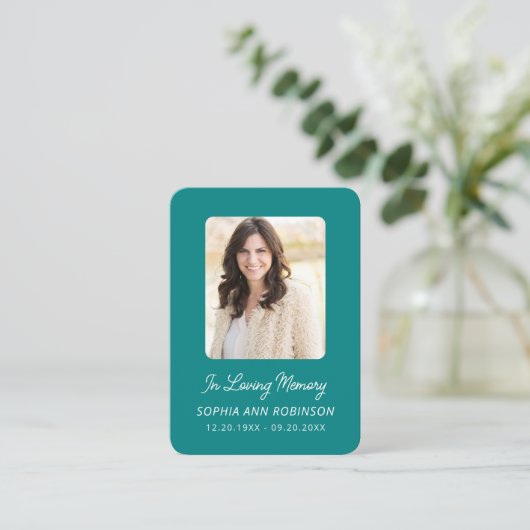 葬儀記念祈りの言葉記念ティール(緑がかった色)カード 名刺 (スタンド正面)
