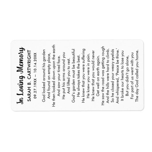 葬儀記念神々の庭詩パーソナライズされた ラベル (正面)