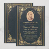 葬儀 エレガント ヴィンテージ ブルー ゴールド フォト 招待状 (正面/裏面)