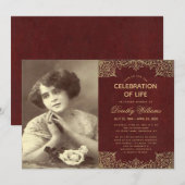 葬儀 写真 生命の祝祭 ワインレッド ゴールド 招待状 (正面/裏面)