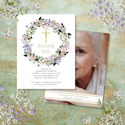 葬儀 追悼 ラベンダー 花のクリスチャン 写真 サンキューカード