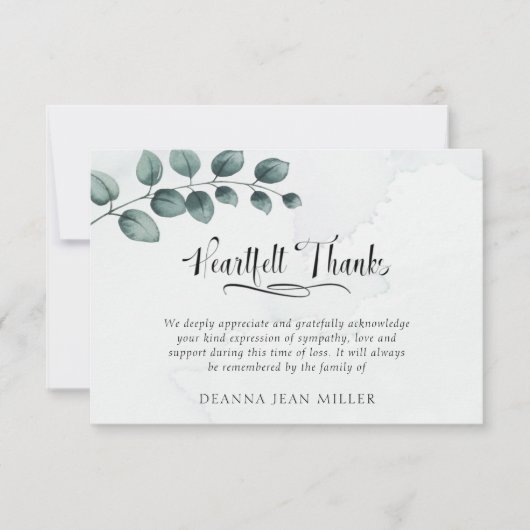 葬式の心感謝してい底の水の色の緑葉の サンキューカード (正面)