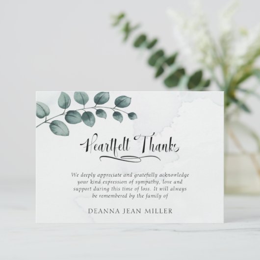 葬式の心感謝してい底の水の色の緑葉の サンキューカード (スタンド正面)