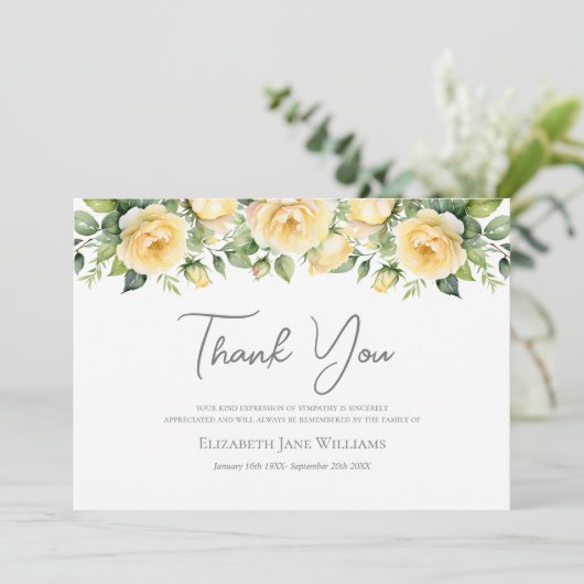 葬式の忌引き黄色のバラ サンキューカード (スタンド正面)