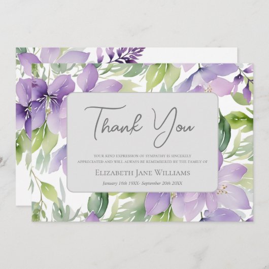 葬式の忌引パープルフローラ サンキューカード (正面/裏面)