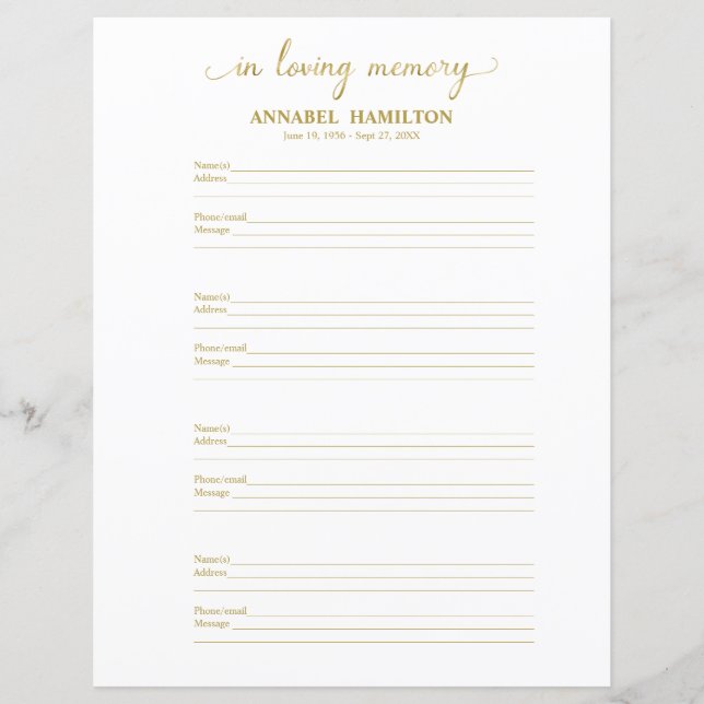 葬式またはメモリアルのゲストブックフィラーページ (正面)