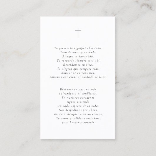 葬式シンプル用の写真スペインの祈りの言葉カード 名刺 (裏面)