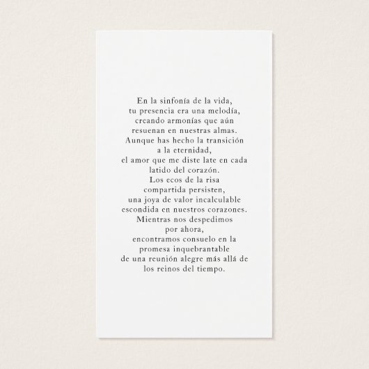 葬式スペインのエンメモリアオーバルフォト祈りの言葉カード (裏面)