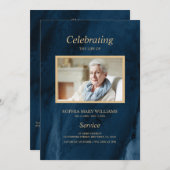 葬式ブルー&金ゴールド書 |メモリアルプログラム 招待状 (正面/裏面)