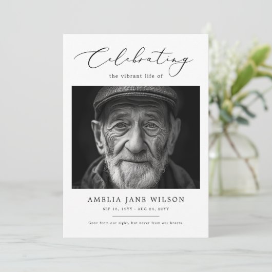 葬式ミニマル記念写真お祝い 招待状 (スタンド正面)