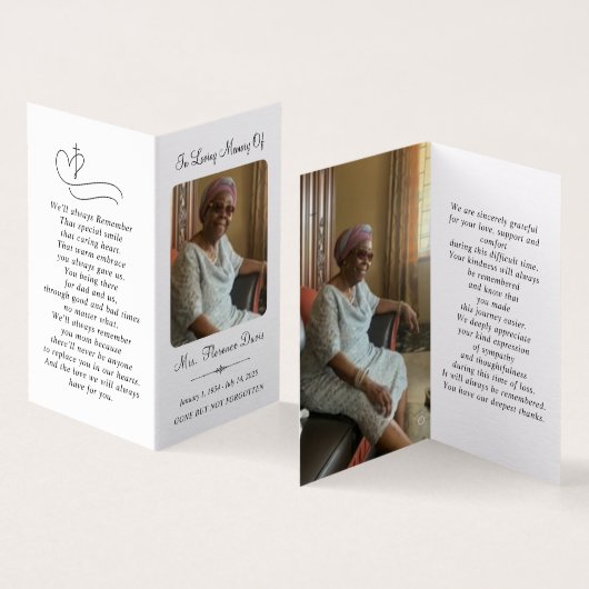 葬式ミニマル記念写真フォルダー祈りの言葉カード (内部&外部)