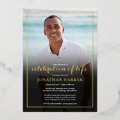 葬式モダン写真お祝いのライフ金ゴールド 箔招待状 (正面)