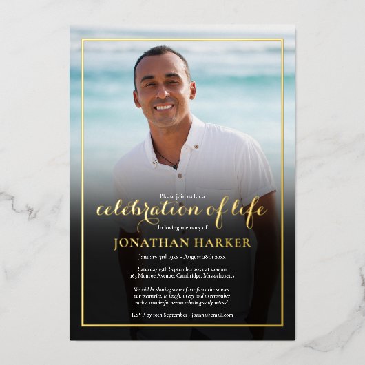 葬式モダン写真お祝いのライフ金ゴールド 箔招待状 (正面)