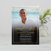 葬式モダン写真お祝いのライフ金ゴールド 箔招待状 (立ち正面)