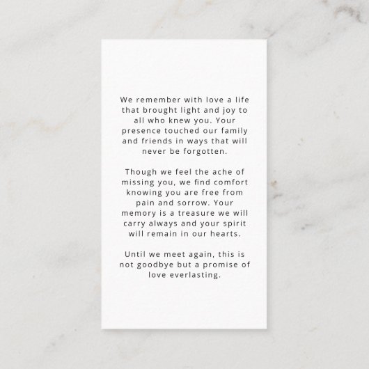 葬式モダン写真覚え名覚え祈りの言葉カード 名刺 (裏面)