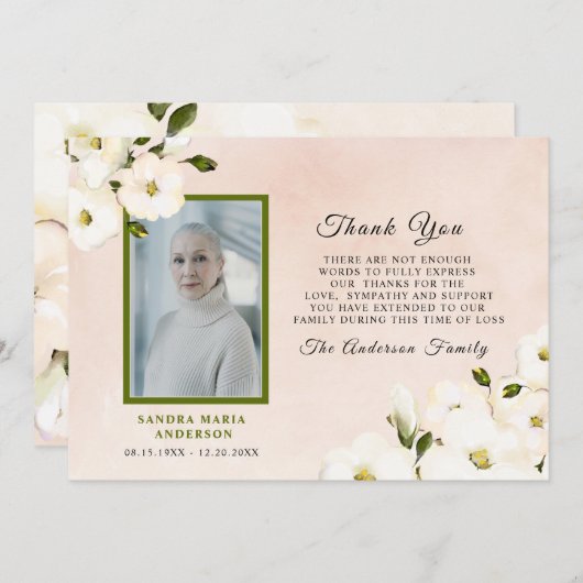 葬式ロマンチックフローラピンク写真ありがとう サンキューカード (正面/裏面)