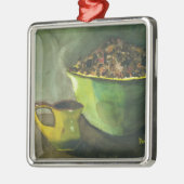 蒸した朝のコップ一杯のカフェオレ コーヒー豆 メタルオーナメント (左)