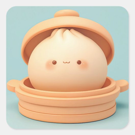 蒸し器に入った幸せな粘土の蒸しパンのデザイン スクエアシール (正面)