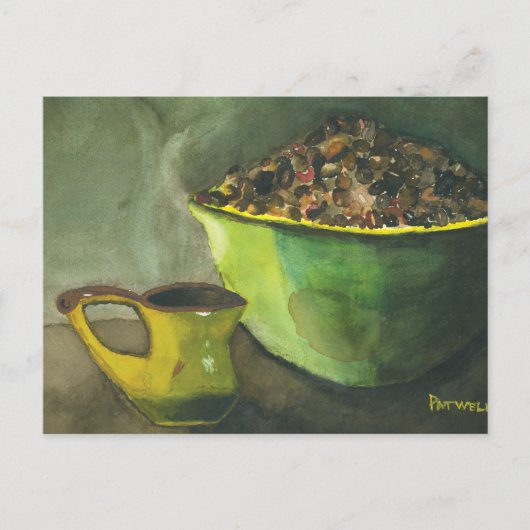 蒸し朝のコーヒーボウルのコーヒー豆カップ ポストカード (正面)