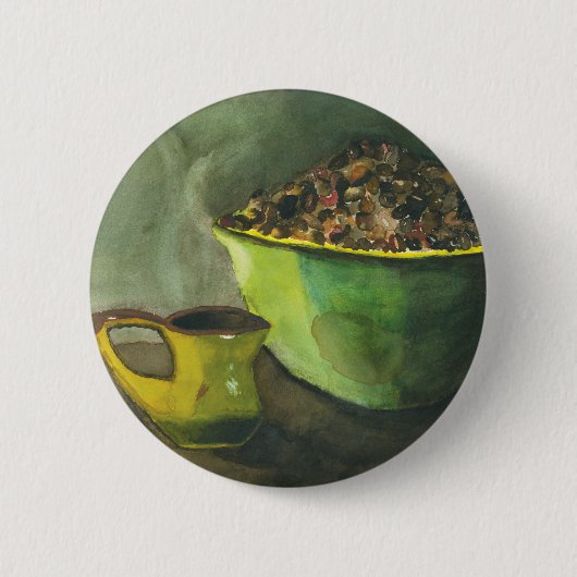 蒸し朝のコーヒーボウルのコーヒー豆カップ 缶バッジ (正面)