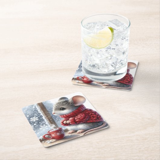 蒸し熱いココアを持つクリスマスマウス スクエアペーパーコースター (インサイチュ)