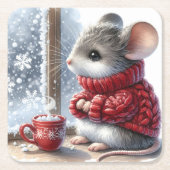 蒸し熱いココアを持つクリスマスマウス スクエアペーパーコースター (正面)