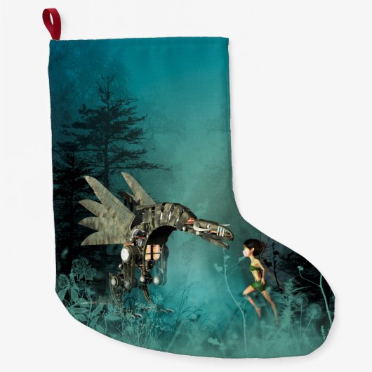 蒸気のドラゴンを持つかわいい妖精 ラージクリスマスストッキング (正面)