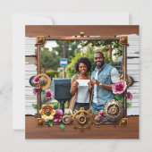 蒸気パンク メタル&ウッド 個別の結婚式出欠確認 セーブザデート (正面)