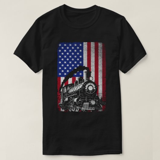 蒸気列車鉄道アメリカ合衆国旗機関車 Tシャツ (デザイン正面)
