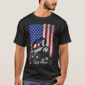 蒸気列車鉄道アメリカ合衆国旗機関車 Tシャツ (正面)