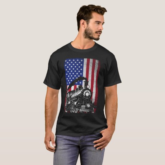 蒸気列車鉄道アメリカ合衆国旗機関車 Tシャツ (正面フル)
