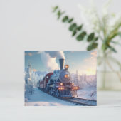 蒸気機関車のクリスマス レトロなエンジン 雪の木立 ポストカード (スタンド正面)
