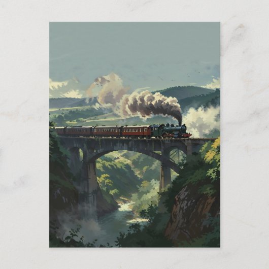 蒸気機関車の橋 - 絵画的なスタイルの風景芸術 ポストカード (正面)