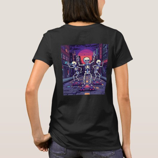 蒸気波スタイルの都会のクールなスケルトンデザイン Tシャツ (裏面)
