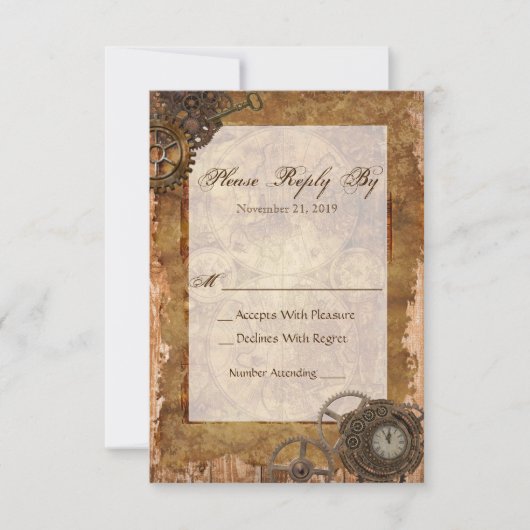 蒸汽朋克工業風ヴィンテージ木製返信カード 出欠カード (正面)