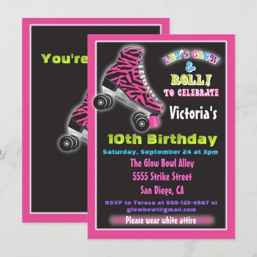 蓄光ローラー スケート パーティーの招待状 招待状 (正面/裏面)